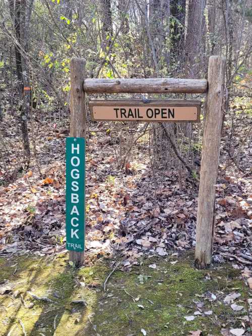 A wooden signpost indicating an open trail, with a green sign labeled "Hogsback Trail" amidst a forested area.