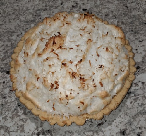A baked coconut pie with a golden-brown topping on a fluted crust, resting on a speckled countertop.