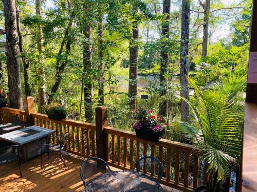 A serene outdoor deck surrounded by lush trees and plants, overlooking a peaceful pond.