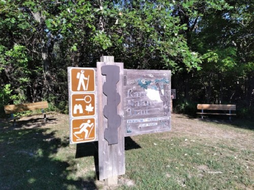 A wooden sign for a nature trail with icons for hiking, camping, and other outdoor activities, surrounded by trees.