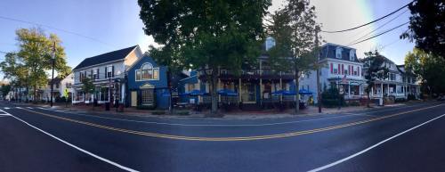 A panoramic view of a charming street lined with shops and restaurants, featuring trees and outdoor seating.