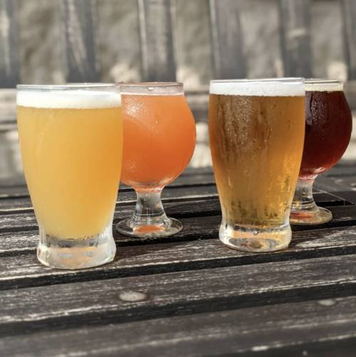 Four glasses of different colored beers on a wooden table, with sunlight reflecting off the surfaces.
