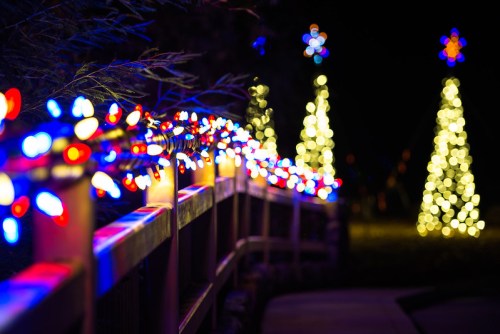 Colorful holiday lights adorn a wooden railing, with illuminated trees and stars glowing in the background at night.