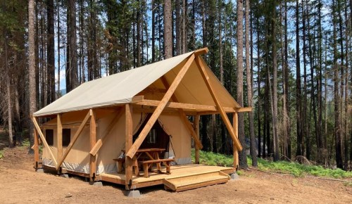 A spacious canvas tent with wooden framing, set in a forest clearing surrounded by tall trees.