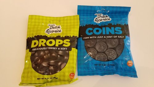 Two bags of Dutch licorice: one labeled "Drops" and the other "Coins," both weighing 5.29 oz.
