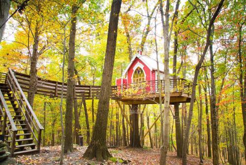 A whimsical red treehouse perched among colorful autumn trees, with a wooden staircase leading up to it.
