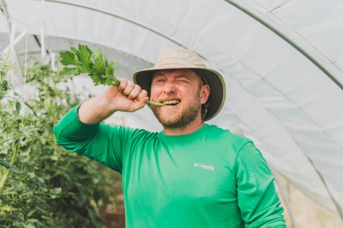 A man in a green shirt and hat playfully bites a celery stalk in a greenhouse filled with plants.