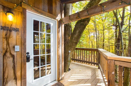 A cozy wooden entrance with a glass door, surrounded by trees and autumn foliage. Warm lighting adds charm.