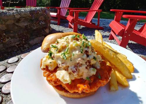 A plate featuring a crispy chicken sandwich topped with creamy macaroni and cheese, served with golden fries.