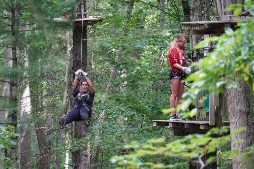 A person zip-lining through trees while another stands on a platform, both in a lush forest setting.