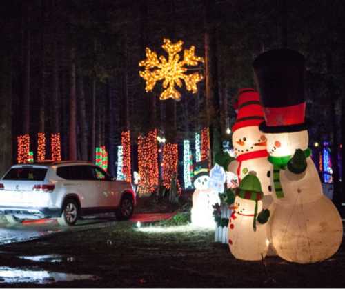 A festive scene with illuminated snowmen, a snowflake, and colorful lights in a wooded area, alongside a parked car.