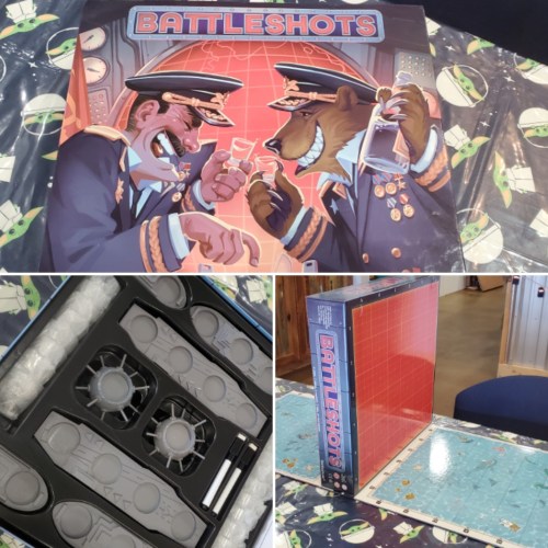 Image of the game "Battleshots," featuring a colorful box cover and game components on a table.