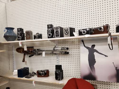 A display of vintage cameras and a blue vase on shelves, with a silhouette photo of a person in the background.
