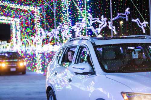 A woman smiles from a car window, surrounded by colorful holiday lights and decorations at night.