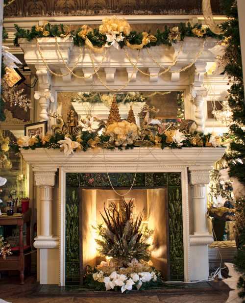 A beautifully decorated fireplace adorned with gold accents, flowers, and festive ornaments, creating a warm holiday atmosphere.