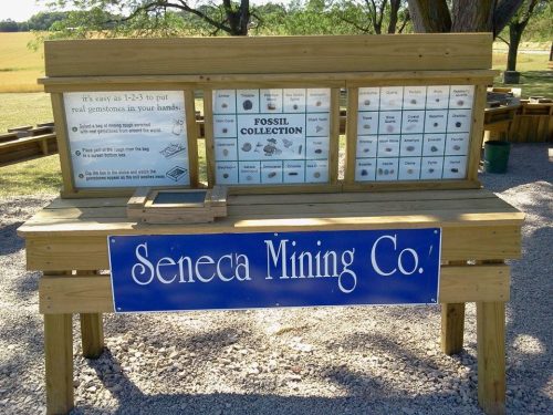 A wooden display table for the Seneca Mining Co. featuring a fossil collection and informational signs.