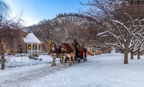 A horse-drawn sleigh rides through a snowy landscape, surrounded by trees and a quaint building in the background.