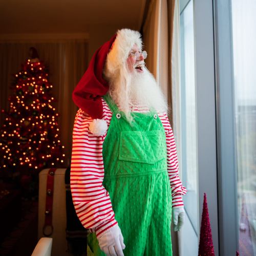A festive figure in a Santa hat and green overalls stands by a window, gazing outside with a Christmas tree in the background.