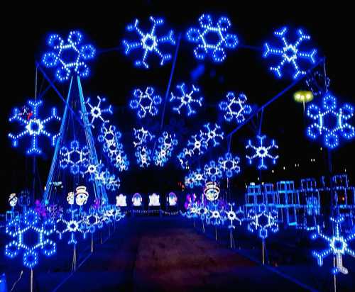 A vibrant display of blue snowflake lights illuminating a pathway at night, creating a festive atmosphere.