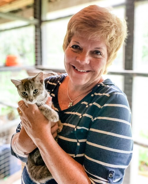 A smiling woman in a striped shirt holds a small gray kitten in her arms, surrounded by a bright indoor setting.