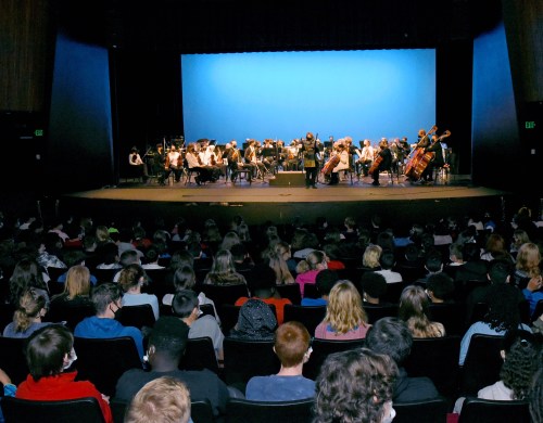 A large audience watches an orchestra perform on stage in a theater with a blue backdrop.