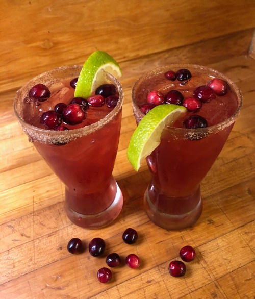 Two glasses of cranberry drinks garnished with lime and fresh cranberries, set on a wooden surface.
