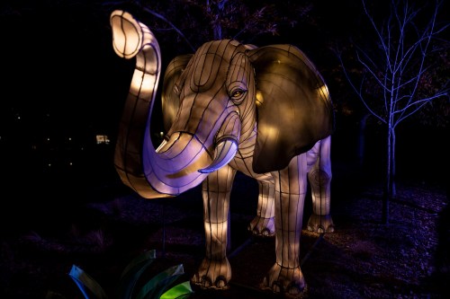 A large illuminated elephant sculpture stands in a dark setting, surrounded by trees and soft blue lighting.