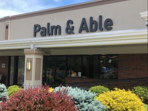 Sign for "Palm & Able" storefront with colorful shrubs in front and a clear blue sky above.
