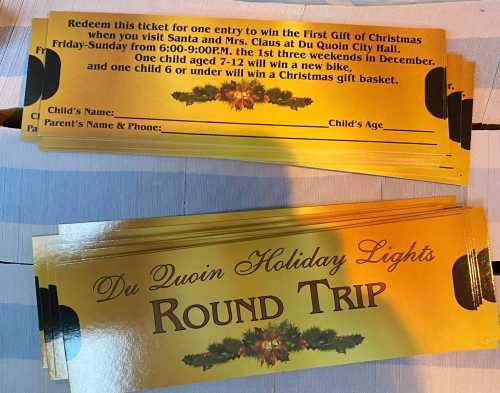 Tickets for the Du Quoin Holiday Lights event, including entry to win a Christmas gift basket.