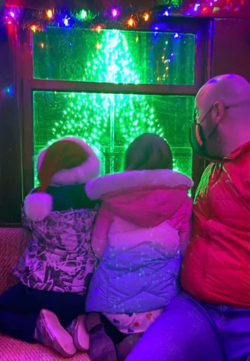 Two children in winter coats and a man in a mask watch a colorful light display through a window, festive decorations visible.