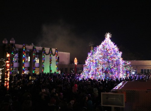 A large, brightly lit Christmas tree stands in front of a crowd, with festive decorations on nearby buildings at night.