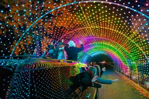 A colorful light tunnel with people enjoying the view from a car, surrounded by vibrant, glowing decorations.