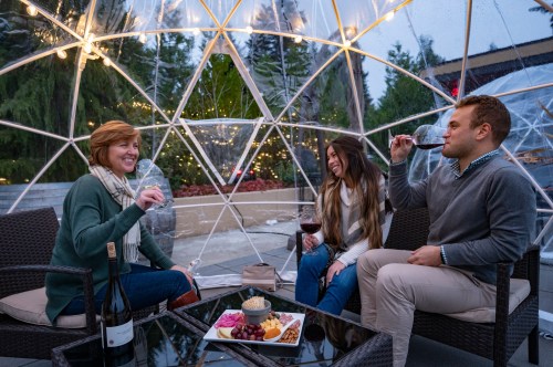 Three people enjoy wine and snacks inside a cozy, illuminated igloo-like structure surrounded by greenery.