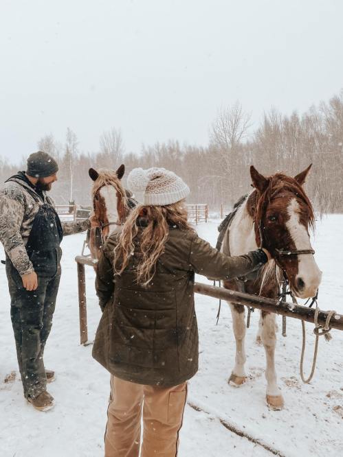 A person in winter attire pets a horse while another person stands nearby in a snowy landscape.