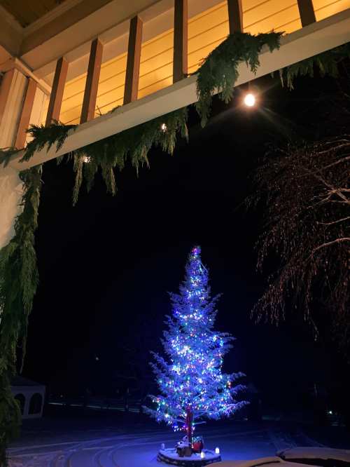 A brightly lit Christmas tree adorned with colorful lights, viewed from a porch decorated with greenery, at night.