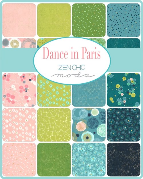 A collage of colorful fabric swatches featuring various patterns and textures, titled "Dance in Paris" by Zen Chic.