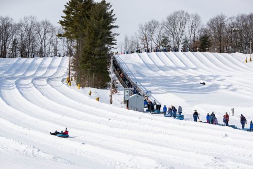 A snowy hill with people tubing and a long line of visitors waiting to go up the slope. Trees in the background.