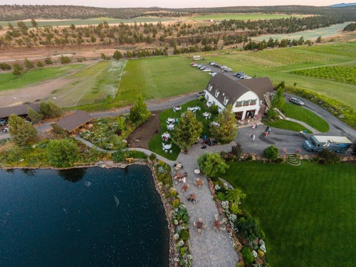 Aerial view of a scenic venue by a pond, surrounded by greenery and fields, with guests mingling outside.