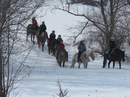 A group of riders on horseback traverses a snowy landscape, surrounded by trees and a clear winter sky.