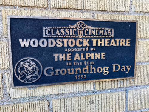 Plaque commemorating Woodstock Theatre as The Alpine in the film "Groundhog Day" (1992). Classic Cinemas.