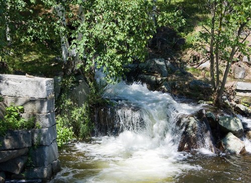 A small waterfall cascades over rocks, surrounded by lush greenery and trees in a serene natural setting.