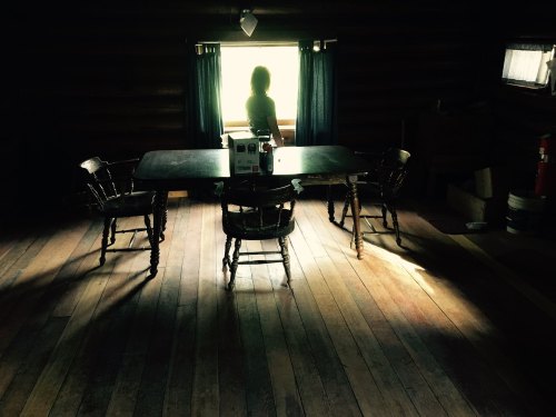 A person stands by a window in a dimly lit room, with a table and chairs in the foreground.