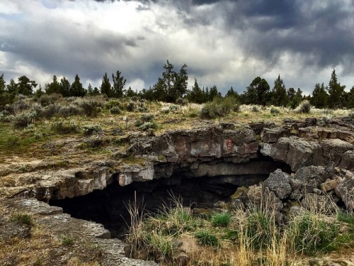 A rocky cave entrance surrounded by grass and shrubs under a cloudy sky.