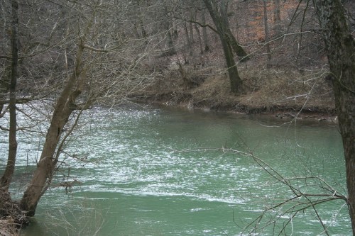 A serene river flows through a wooded area, with bare trees lining the banks and gentle ripples on the water's surface.