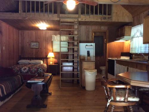 Cozy wooden cabin interior with a loft, featuring a bed, kitchen area, dining table, and a staircase.