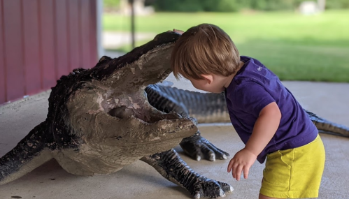 A young child leans toward a large alligator statue, playfully interacting with it outdoors.