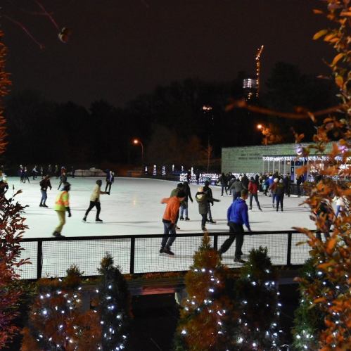 A lively ice skating rink at night, with skaters gliding on the ice and festive lights in the foreground.