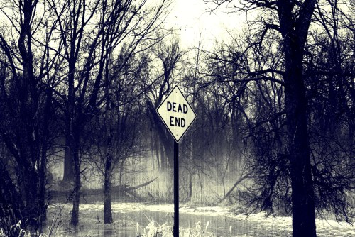 A "Dead End" sign stands in a foggy, desolate landscape surrounded by bare trees.
