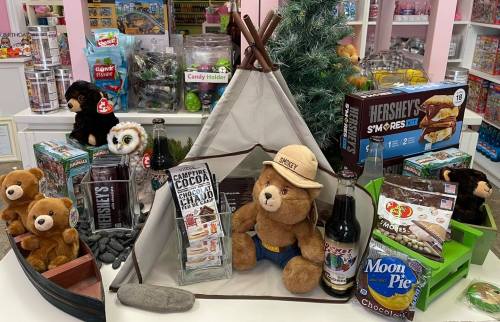 A cozy display featuring stuffed animals, snacks, and a tent, evoking a camping theme with treats and toys.