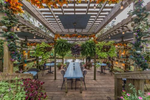 A cozy outdoor dining area with hanging plants, colorful decor, and a view of a pond, surrounded by greenery.